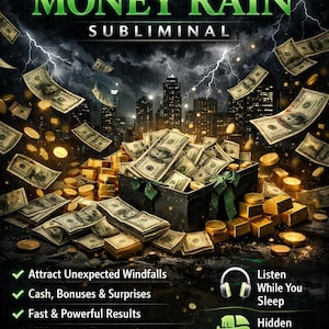 Puede incluir: Gráfico digital con el texto "DARK MONEY RAIN SUBLIMINAL" sobre un paisaje urbano con dinero y oro cayendo. La imagen incluye texto que dice "Atraer ganancias inesperadas", "Efectivo, bonificaciones y sorpresas", "Resultados rápidos y poderosos" y "Descarga instantánea MP3".