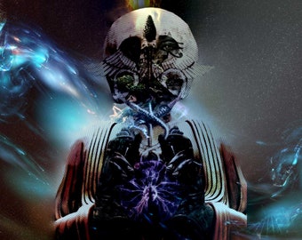 May include: Digital art depicting a skull-like figure with intricate details, surrounded by swirling blue and purple energy. The background is a starry night sky, creating a surreal and cosmic atmosphere.