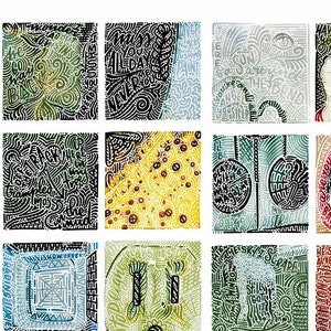 May include: A colorful collage of 36 square images, each filled with intricate line drawings and text. The images are arranged in a grid pattern, and each image features a different design and color scheme. The text in the images is mostly in English, and it includes words like "smile", "woman", "friend", and "no code".