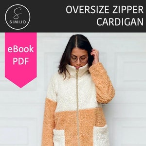 May include: A white and brown oversized zipper cardigan with a high collar and two pockets. The cardigan is made of a soft, fuzzy fabric. The text "eBook PDF" is visible in the top left corner of the image.