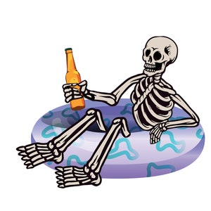 Puede incluir: Un esqueleto de dibujos animados con un flotador inflable morado y azul y sosteniendo una botella de cerveza.