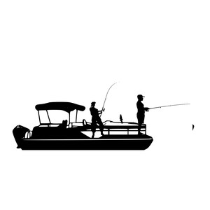 Puede incluir: Silueta de dos personas pescando desde un pontón. El barco tiene una cubierta y una barandilla. Las personas están de pie y sujetan cañas de pescar.