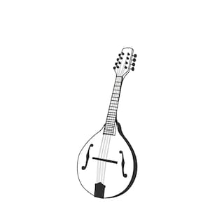 Peut inclure: Dessin au trait noir et blanc d'une mandoline, un instrument de musique à cordes.