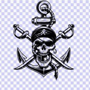 May include: Black and white pirate-themed graphic featuring a skull wearing a bandana with a skull and crossbones, crossed swords, and an anchor. The skull has an open mouth and is the central element of the design. The image has a transparent background.
