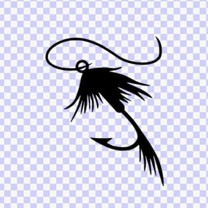May include: A black silhouette of a fishing lure with a hook and feathers.