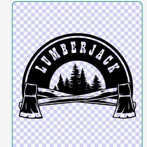 Puede incluir: Logotipo de leñador en blanco y negro con la palabra "LUMBERJACK" en semicírculo. El logotipo incluye una silueta de pinos y hachas cruzadas, creando un tema rústico y al aire libre.