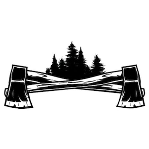 May include: Black and white illustration of two crossed axes with a silhouette of a forest in the center.