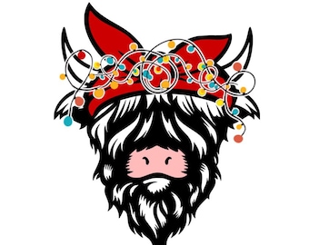 Christmas lights Highland Cow SVG Download file, Christmas Cow SVG png, Western Design, Western Christmas Png, Christmas Cow Clipart