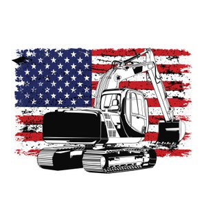 May include: Black and white illustration of an excavator with a red, white, and blue American flag in the background.