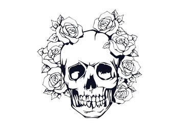 Könnte beinhalten: Eine Schwarzweißillustration eines menschlichen Schädels, der von Rosen umgeben ist.