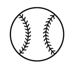 May include: A black and white outline of a baseball with stitching.