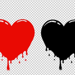 May include: Two dripping heart shapes, one red and one black.