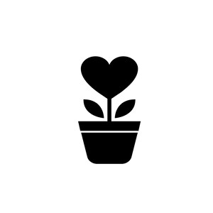 May include: Black and white silhouette of a potted plant with a heart-shaped flower.