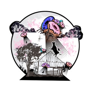 May include: A colorful illustration of a barn with a cow jumping over a fence.  Donuts are falling from the sky, with pink, blue, and purple frosting.  The background is a white circle with pink and black clouds.