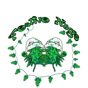 May include: A graphic illustration featuring two green cannabis buds wearing Santa hats. The buds are surrounded by a garland of Christmas tree lights, with the words "Festive Nugs" arching above.