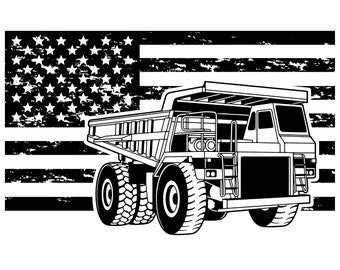 May include: Black and white illustration of a dumper truck in front of a distressed American flag. The truck has a large, open bed and four large tyres.