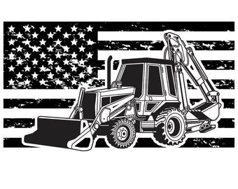 May include: Black and white illustration of a backhoe excavator in front of a distressed American flag. The backhoe has a large bucket and a long arm.