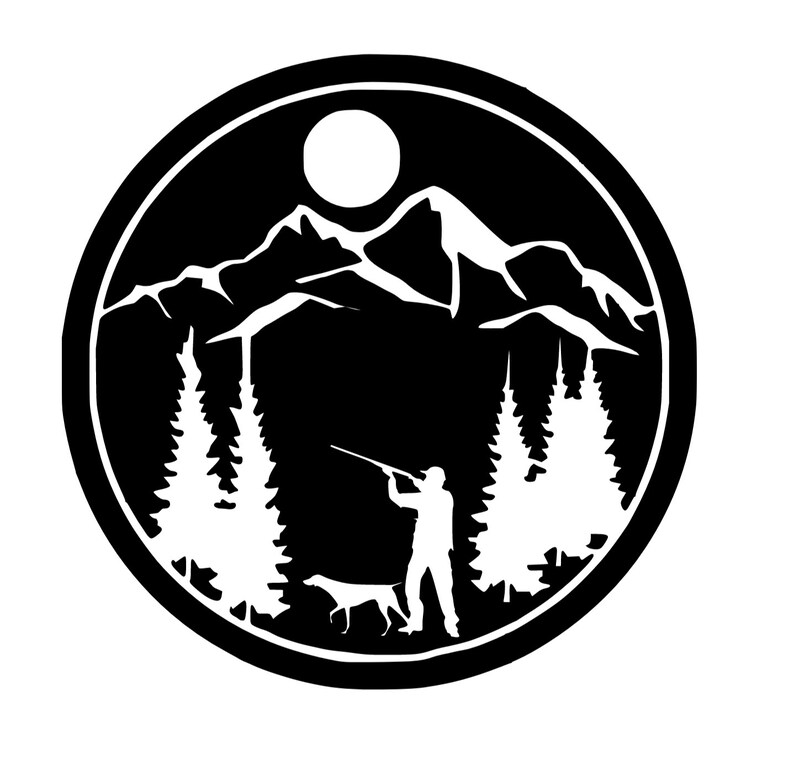 May include: Black and white silhouette of a hunter with a dog in a mountain landscape with a full moon.