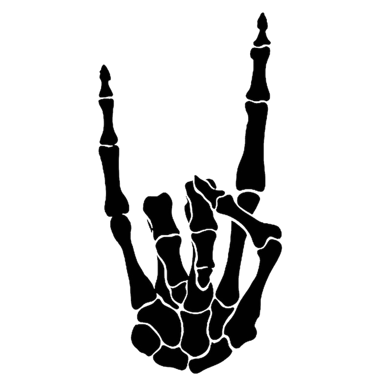 May include: Black and white silhouette of a skeleton hand making the rock and roll hand gesture.