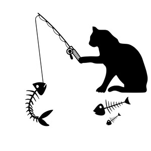 May include: A black silhouette of a cat fishing with a rod and reel. The cat is sitting on the ground and has a fish bone on the hook. There are two other fish bones on the ground.