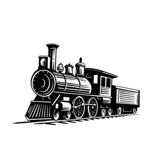 May include: Black and white illustration of a vintage steam locomotive train with a large wheel and a smokestack. The train is on a track and has a boxcar.