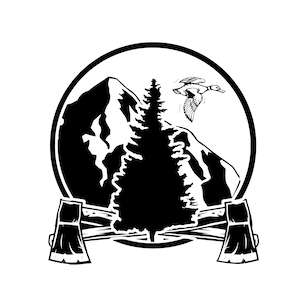 May include: Black and white illustration of a mountain, a pine tree, and a duck flying over the mountain. Two crossed axes are in the foreground.