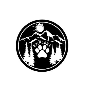 May include: Black and white illustration of a paw print with the word "EXPLORE" around it. The paw print is in front of a mountain range with a sun and trees.