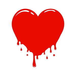 May include: A red heart shape with dripping edges, like melted wax or paint.