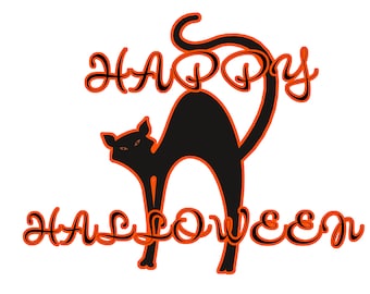 Oranje happy halloween zwarte kat png-download, halloween kat clipart, print to cut-bestand, bestanden voor cricut, halloween sublimatie download
