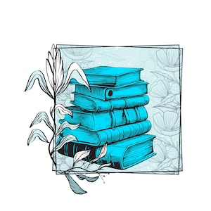 May include: A stack of blue hardcover books with white floral illustrations in the background.