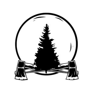 Può includere: Illustrazione in bianco e nero di un pino all'interno di un cerchio con due asce incrociate sotto.