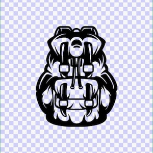 May include: Black and white illustration of a large, detailed backpack with multiple straps and buckles.