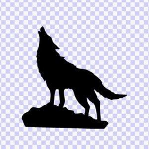 May include: Silhouette of a wolf howling at the moon, standing on a rocky outcrop. The wolf is black against a white background.