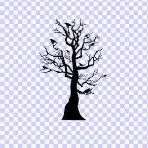 May include: A black silhouette of a bare tree with crows perched on its branches. The tree is set against a light purple checkered background.