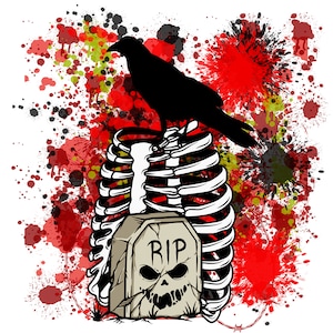 Puede incluir: Un cuervo negro posado sobre una caja torácica blanca con una lápida que dice "RIP" frente a un fondo salpicado de rojo, amarillo y negro.
