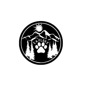 May include: Black and white illustration of a mountain range with a sun and a paw print in the center. The text "EXPLORE" is written around the paw print.