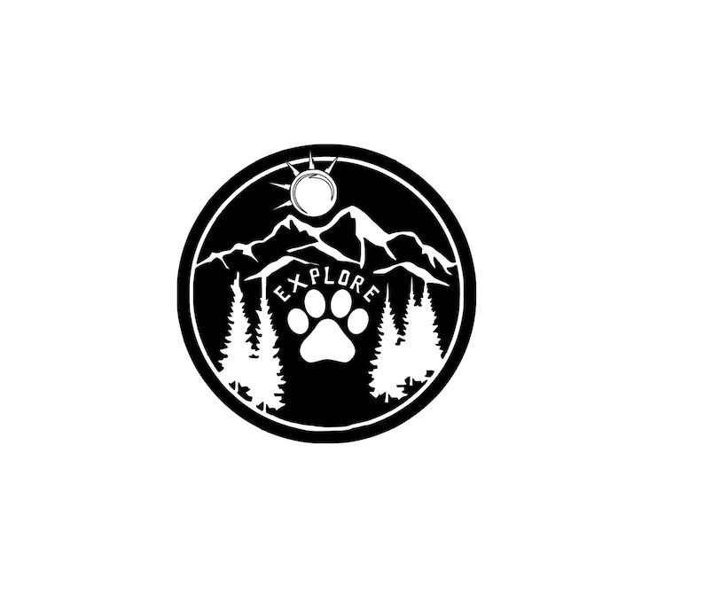May include: Black and white illustration of a mountain range with a sun and a paw print in the center. The text "EXPLORE" is written around the paw print.