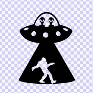 May include: Black and white silhouette of a UFO with two alien eyes inside, shining a beam of light on a Bigfoot walking away from the light.