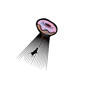 May include: A pink and brown donut with sprinkles is flying through the air, leaving a trail of black lines behind it. A black silhouette of a cow is running towards the donut.