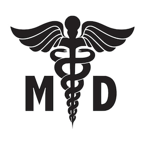 Puede incluir: Ilustraci&oacute;n en blanco y negro de un s&iacute;mbolo m&eacute;dico, el Caduceo, con alas y una serpiente enroscada alrededor. Las letras "MD" est&aacute;n a cada lado del s&iacute;mbolo.
