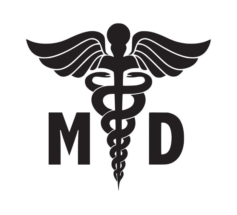 Puede incluir: Ilustraci&oacute;n en blanco y negro de un s&iacute;mbolo m&eacute;dico, el Caduceo, con alas y una serpiente enroscada alrededor. Las letras "MD" est&aacute;n a cada lado del s&iacute;mbolo.