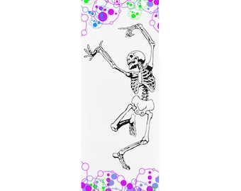 May include: A black and white skeleton dancing against a white background with a colorful pattern of circles and lines in the background.