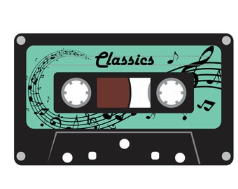 May include: A black cassette tape with a teal label featuring the word "Classics" in script. Musical notes and a treble clef are arranged around the text. The tape's reels are white and the tape itself is brown.