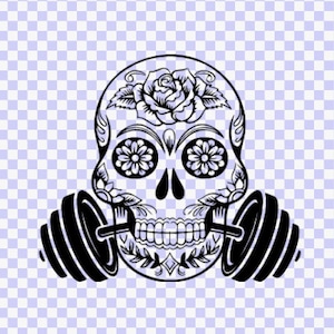 Gewichtheben svg, Zuckerschädel SVG, Download geschnitten Datei, Gewichtheben Schädel Tag der Toten, Silhouette, Clipart, svg png, Barbell svg