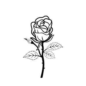 May include: A black and white line drawing of a single rose with leaves and a bud.