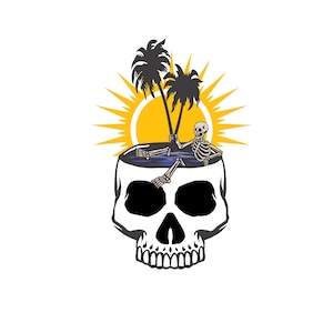 Puede incluir: Un cráneo blanco con contorno negro, lleno de agua azul y dos palmeras. Un esqueleto está sentado en el agua con un sol amarillo detrás de los árboles.