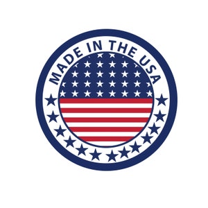 May include: A blue circle with the text "Made in the USA" around the edge. The center of the circle features a red, white, and blue American flag.
