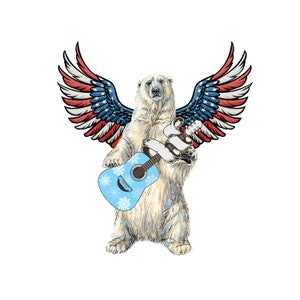 May include: A white polar bear with wings in the colors of the American flag, holding a blue acoustic guitar with snowflake designs.