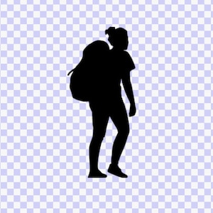 May include: Silhouette of a person wearing a backpack, standing with their arms at their sides.