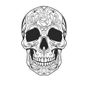 Può includere: Un'illustrazione in bianco e nero di uno scheletro di zucchero con intricati disegni floreali e una rosa sulla fronte.